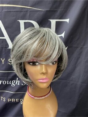 Silver Gray Short Layered Wig with Side Bangs - Women's Synthetic Hair